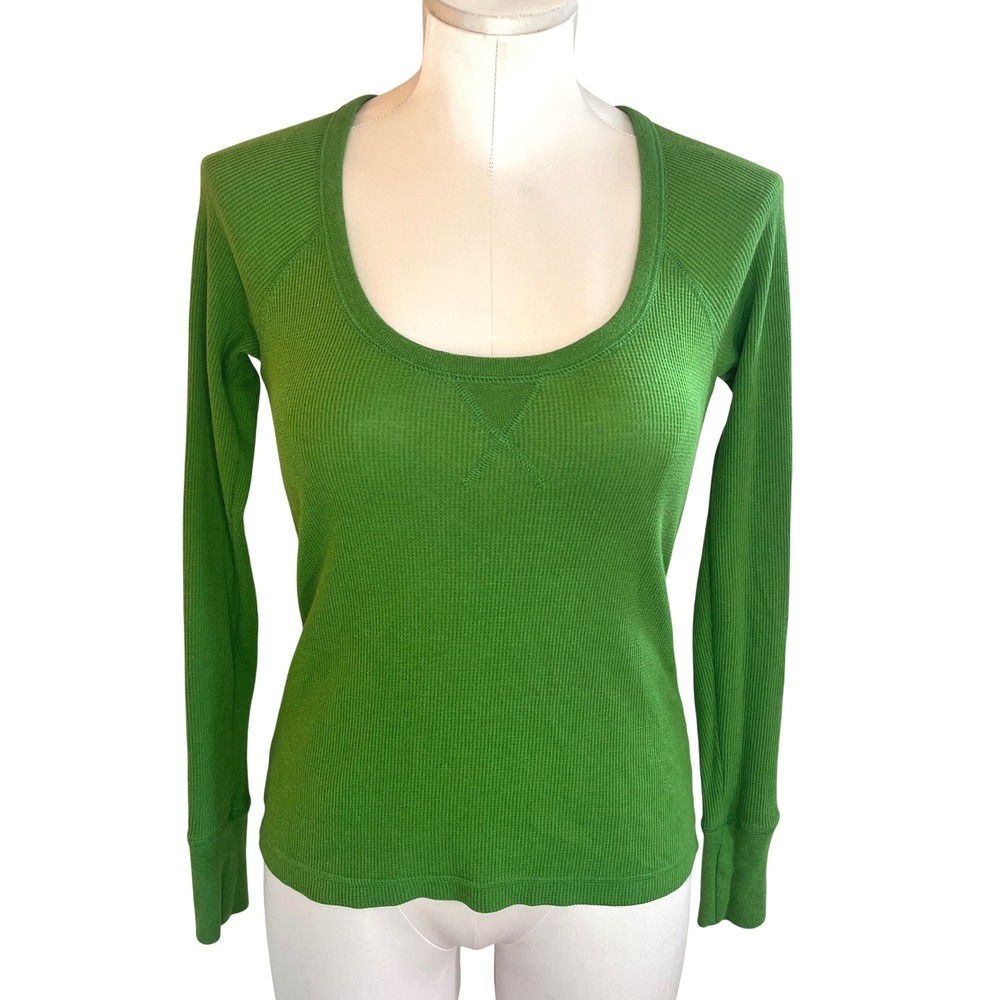 Old Navy‎ Y2K Womens XS Green Waffle Knit Thermal Scoop Neck Long Sleeve Top